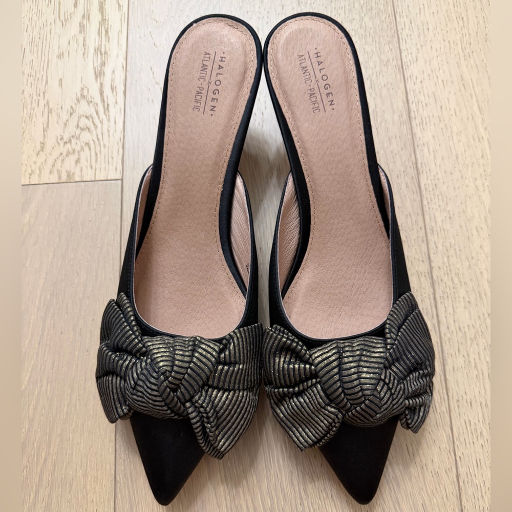 NEW. Halogen x Atlantic Pacific Mules- black satin/grosgrain (size 7.5)